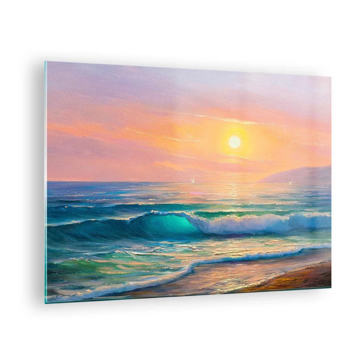 Glasbild - Bild auf glas - Meereslandschaft mit Wellen und Sonnenuntergang in Türkistönen - 70x50cm - Ein türkisfarbenes Lied der Wellen - Moderne Wanddekoration für Wohnzimmer und Schlafzimmer ARTTOR