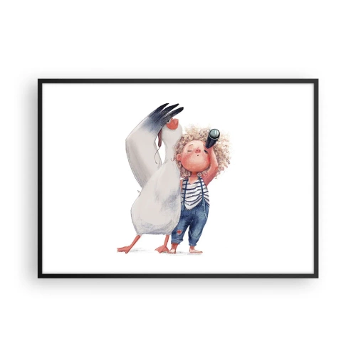 Poster in einem schwarzem Rahmen - Illustration eines Kindes mit einem Pelikan und einem Teleskop in der Hand - 100x70cm - Toller Reiseplan - Moderne Wanddekoration für Wohnzimmer und Schlafzimmer ARTTOR