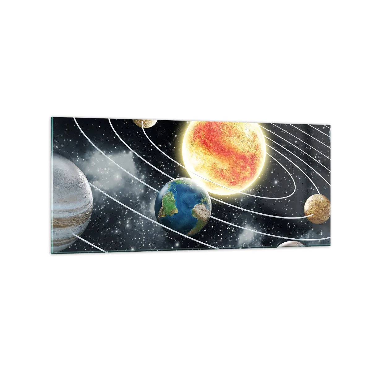 Glasbild - Bild auf glas - Sonnensystem mit Planeten und Sonne im Weltraum - 120x50cm - Kosmischer Tanz - Moderne Wanddekoration für Wohnzimmer und Schlafzimmer ARTTOR