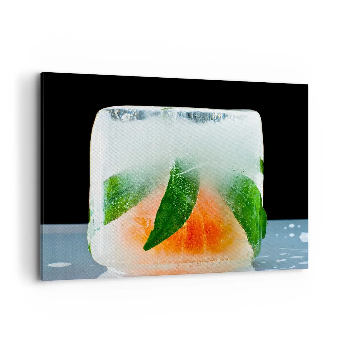 Bild auf Leinwand - Leinwandbild - Eiswürfel mit Orange und Blättern - 100x70cm - Frisch und kühl - Moderne Wanddekoration für Wohnzimmer und Schlafzimmer ARTTOR