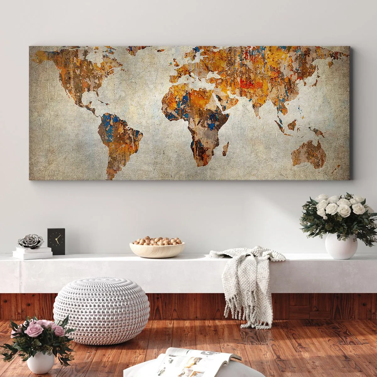 Bild auf Leinwand - Leinwandbild - Vintage-Weltkarte mit bunten Akzenten - 160x50cm - Eine wirklich große Welt - Moderne Wanddekoration für Wohnzimmer und Schlafzimmer ARTTOR