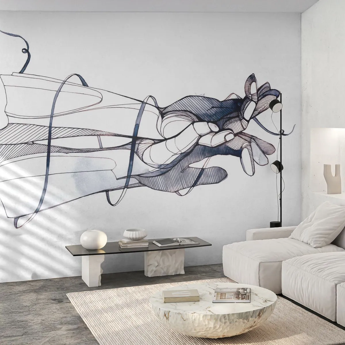 Fototapete Premium Sand - Künstlerische Zeichnung einer Hand mit einer Blume im abstrakten Stil - 100x70cm - Touch-Studie - Moderne Wanddekoration für Wohnzimmer und Schlafzimmer ARTTOR