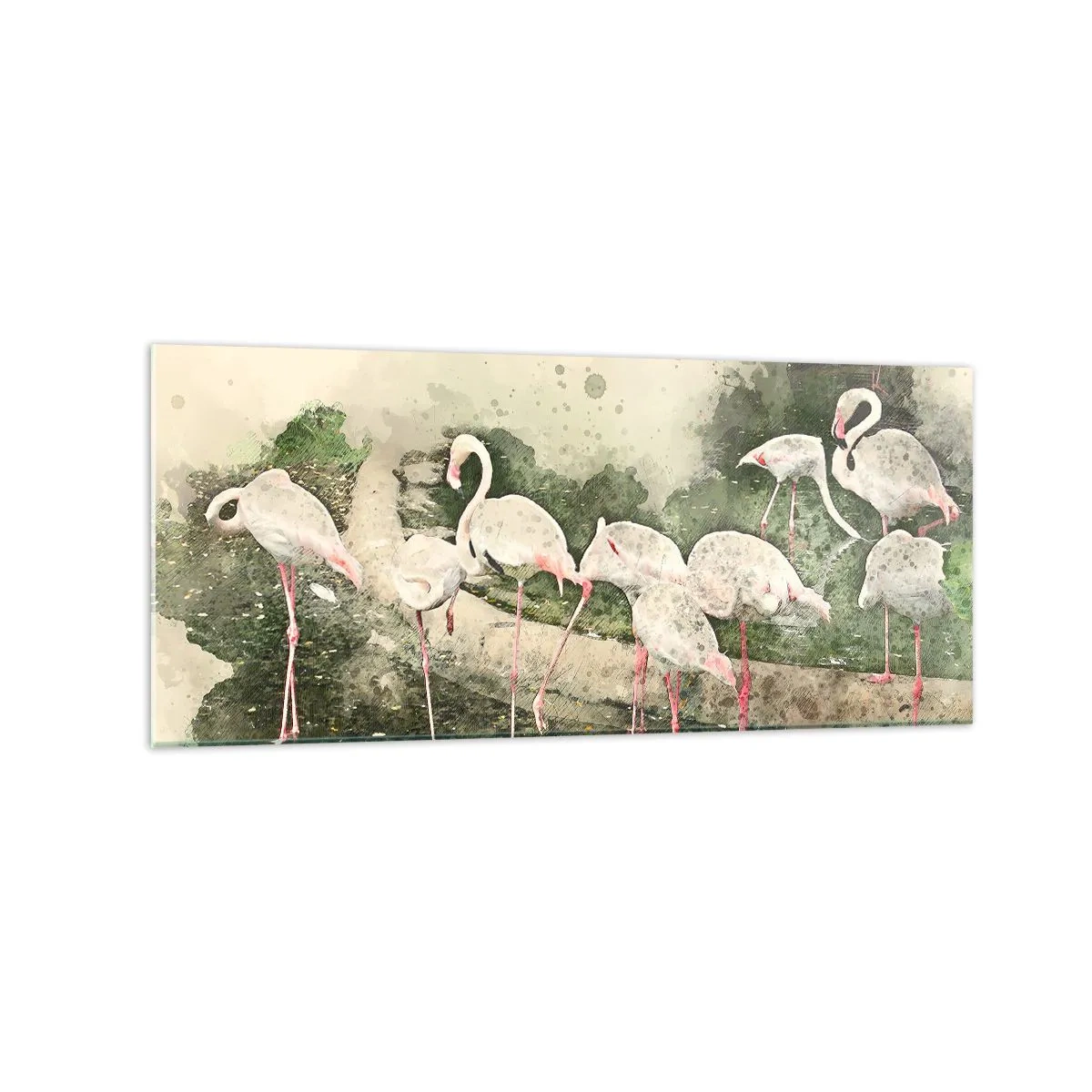Glasbild - Bild auf glas - Flamingos in ihrer natürlichen Umgebung im Aquarellstil - 120x50cm - Exotischer Traum - Moderne Wanddekoration für Wohnzimmer und Schlafzimmer ARTTOR