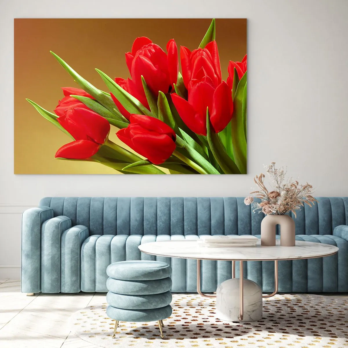 Glasbild - Bild auf glas - Ein Strauß roter Tulpen auf goldenem Hintergrund - 120x80cm - Ein Haufen Frühlingsfreude - Moderne Wanddekoration für Wohnzimmer und Schlafzimmer ARTTOR