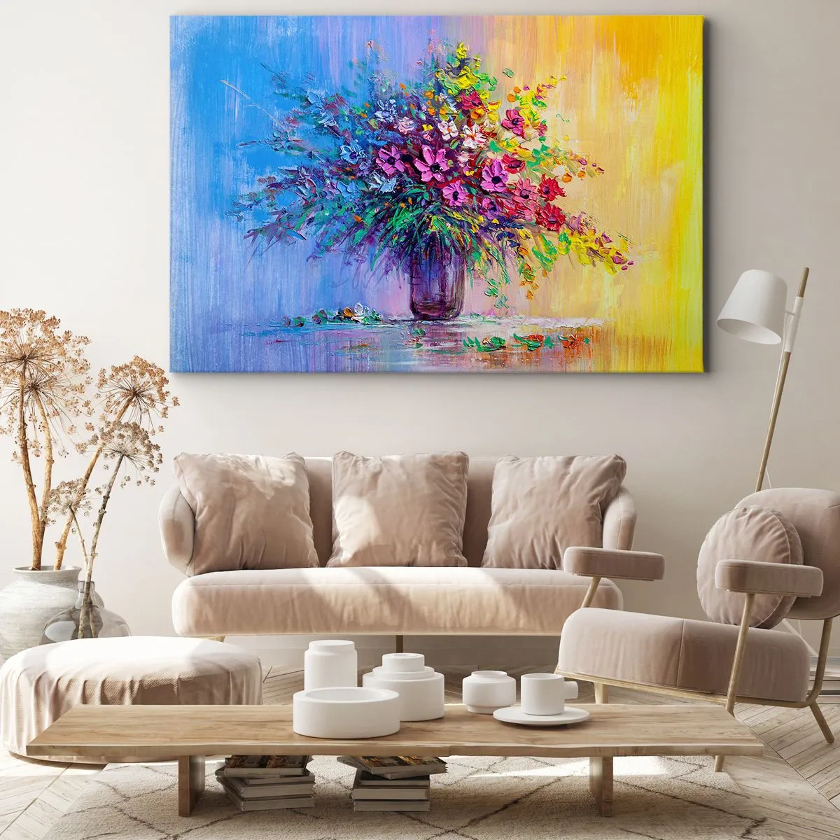 Bild auf Leinwand - Leinwandbild - Ein bunter Blumenstrauß in einer Vase vor einem Hintergrund mit Farbverlauf - 70x50cm - Sommergeschenk der Wiese - Moderne Wanddekoration für Wohnzimmer und Schlafzimmer ARTTOR