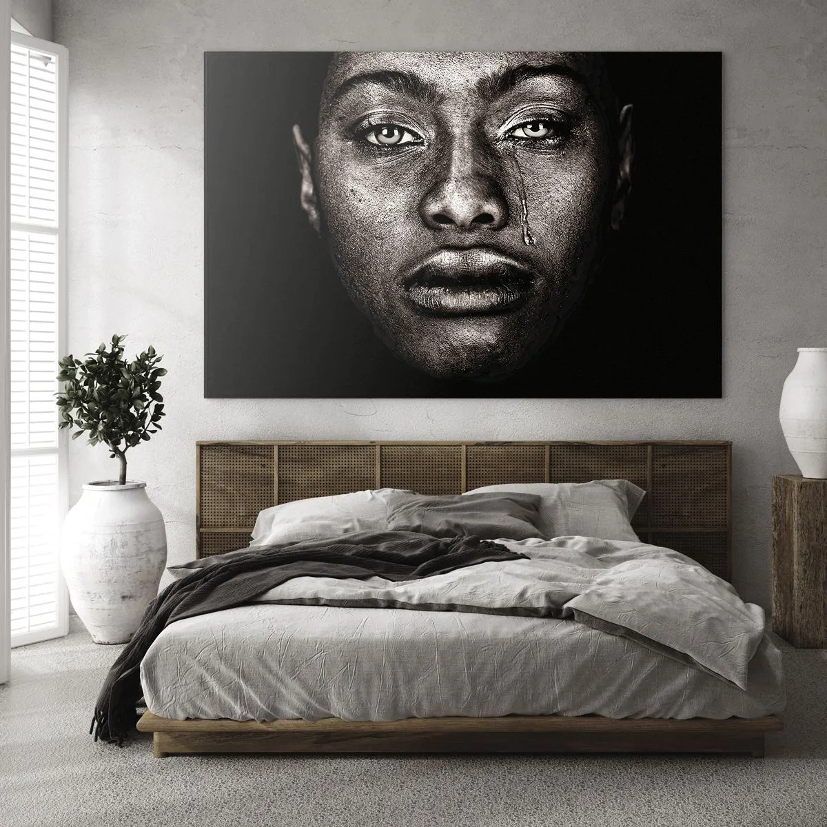 Glasbild - Bild auf glas - Emotionales Porträt einer Frau mit einer Träne auf der Wange - 70x50cm - Eine Träne - Moderne Wanddekoration für Wohnzimmer und Schlafzimmer ARTTOR