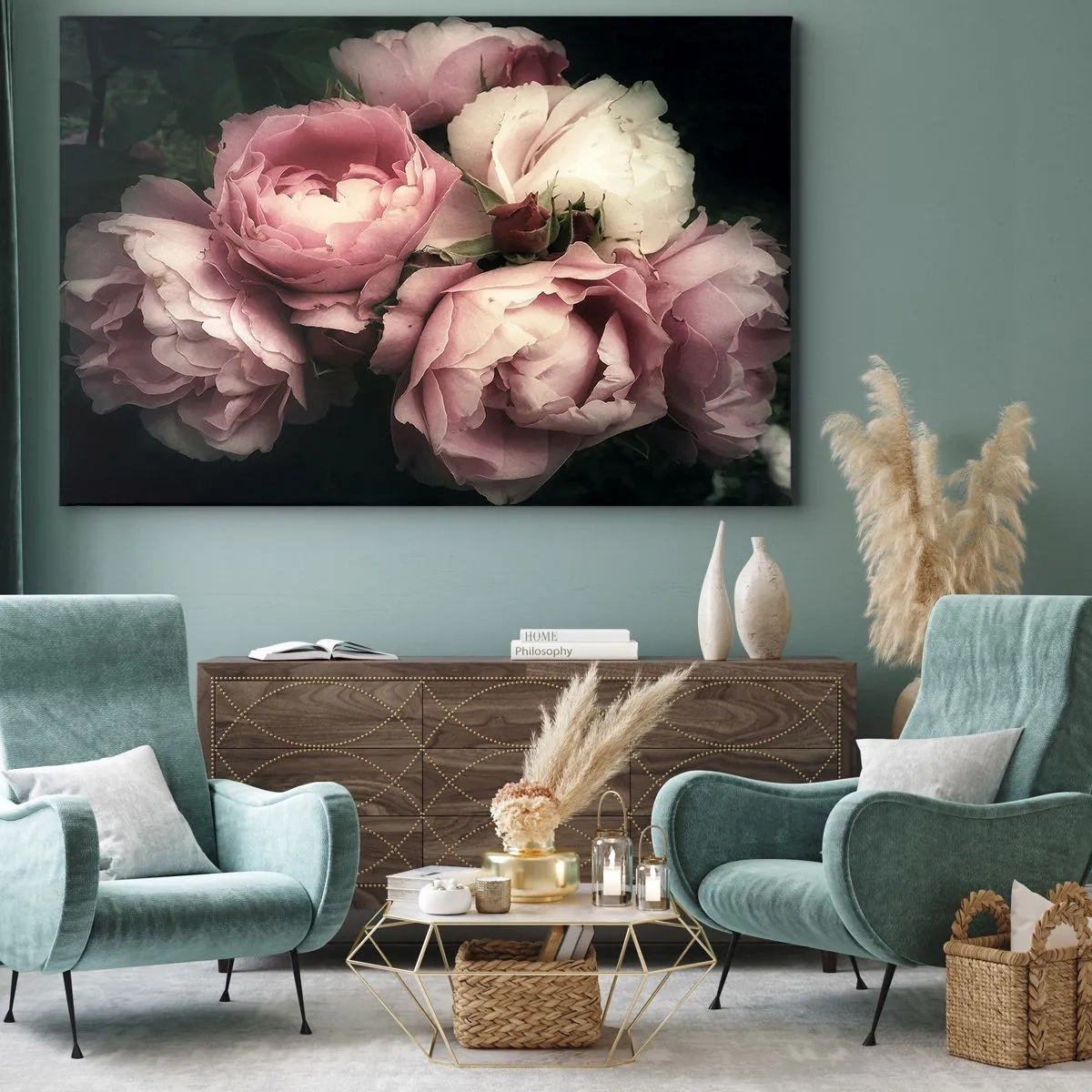 Bild auf Leinwand - Leinwandbild - Ein Strauß Rosen in zarten Rosa- und Weißtönen - 70x50cm - Der Charme der Belle Epoque - Moderne Wanddekoration für Wohnzimmer und Schlafzimmer ARTTOR