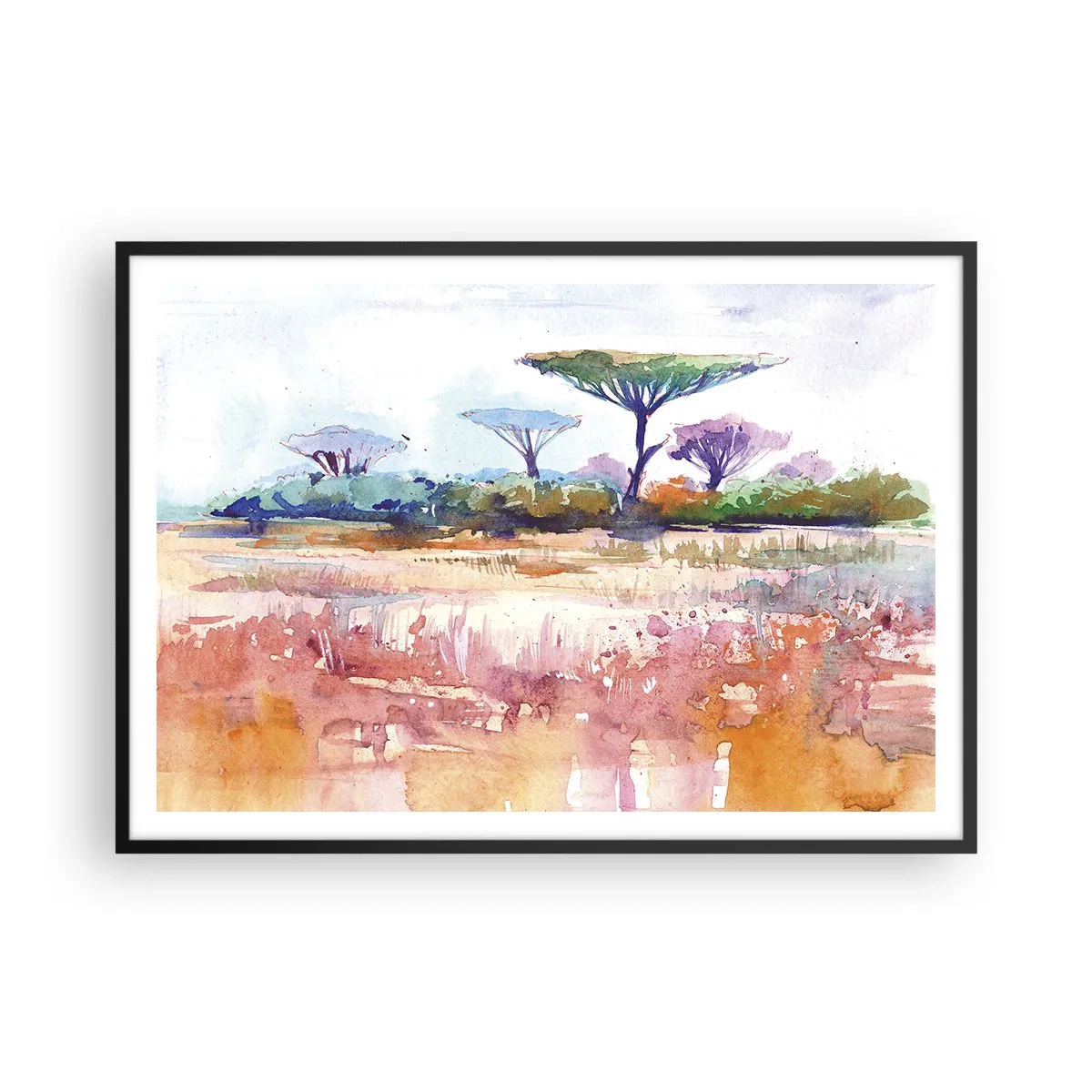 Poster in einem schwarzem Rahmen - Eine malerische Savannenlandschaft in Aquarellfarben - 100x70cm - Savannah-Farben - Moderne Wanddekoration für Wohnzimmer und Schlafzimmer ARTTOR
