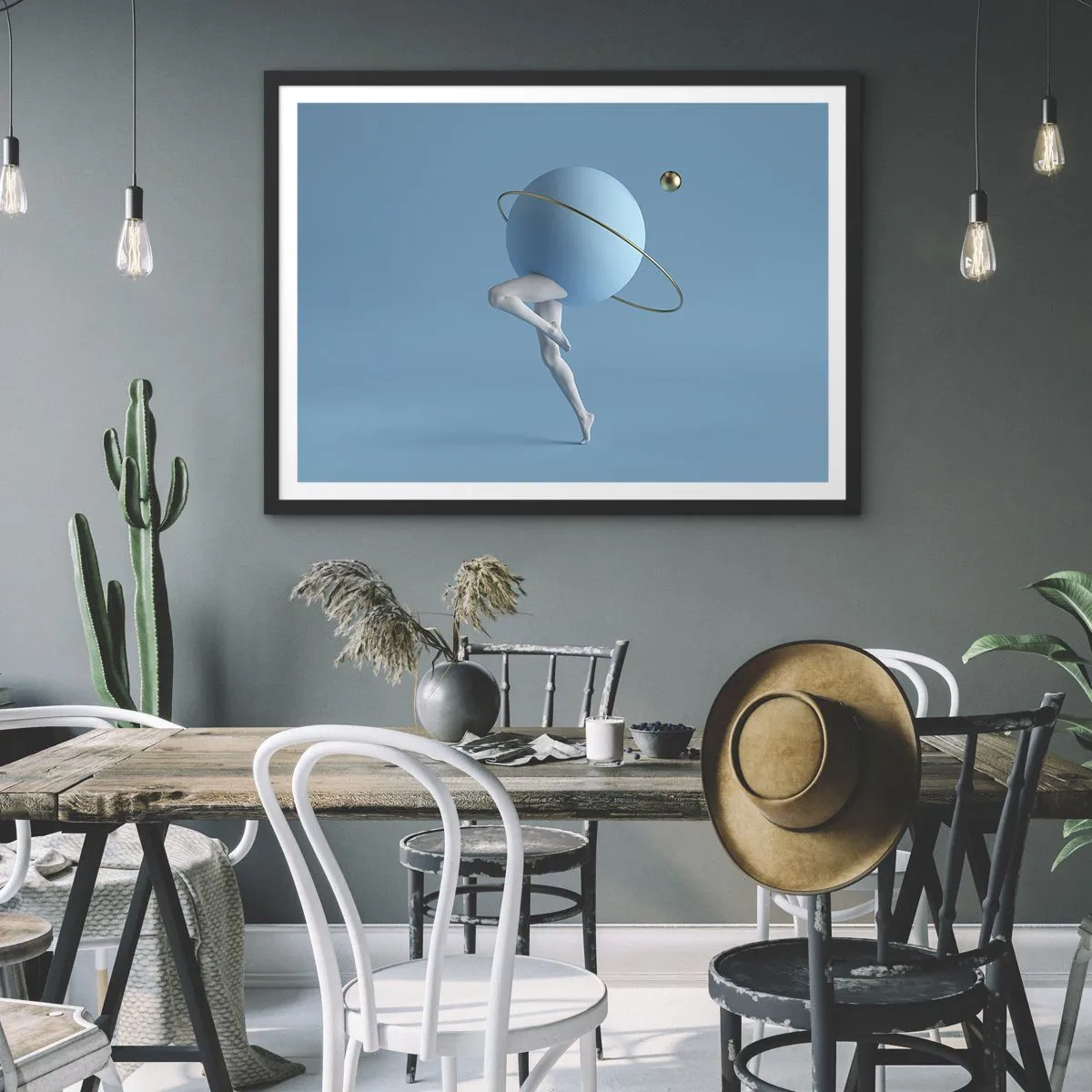Poster in einem schwarzem Rahmen - Eine blaue Kugel mit einer Umlaufbahn und menschlichen Beinen vor dem Himmel - 70x50cm - Und die Planeten spielen verrückt - Moderne Wanddekoration für Wohnzimmer und Schlafzimmer ARTTOR