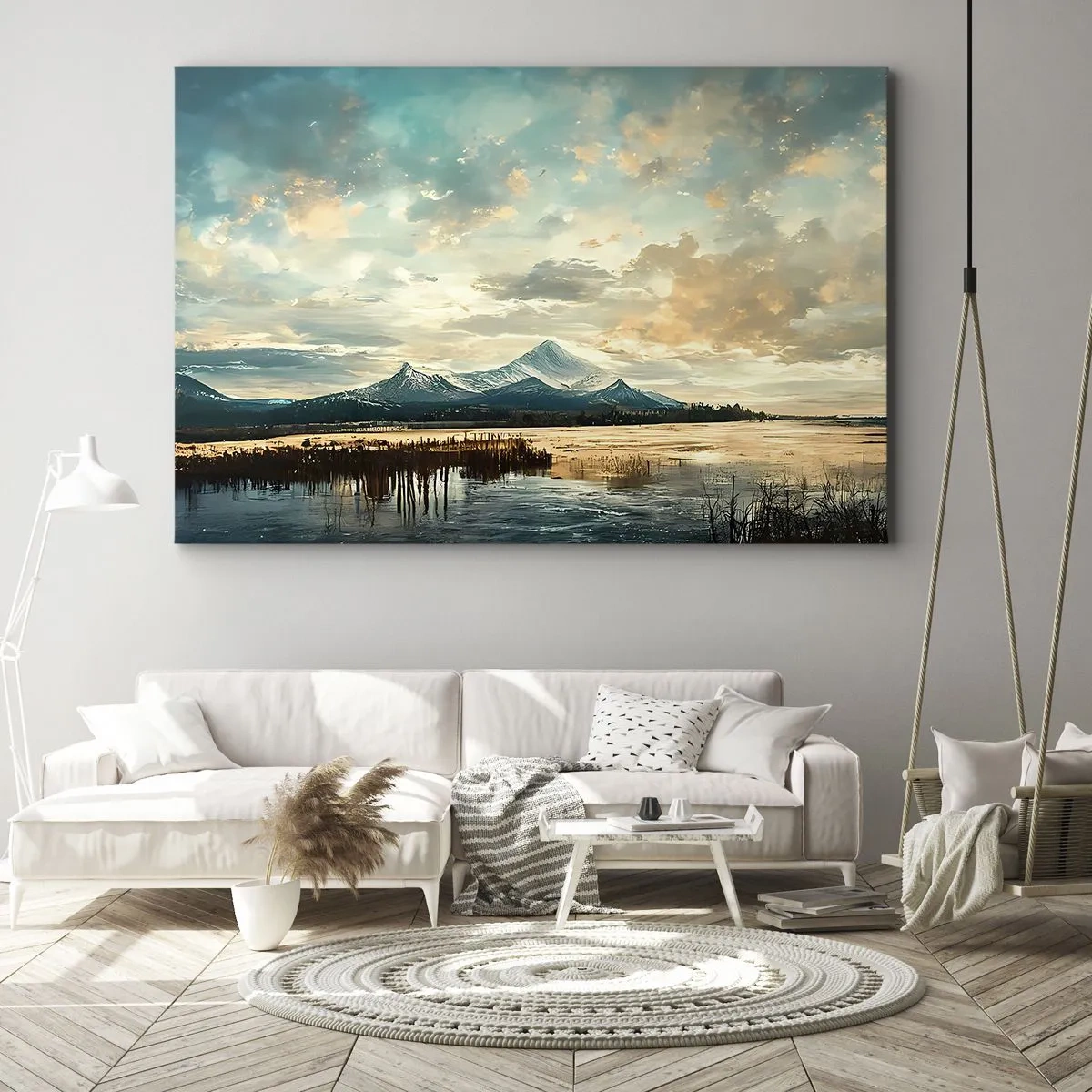 Bild auf Leinwand - Leinwandbild - Eine malerische Landschaft mit einem Berg und einem ruhigen See - 120x80cm - Unter dem Schutz des Himmels - Moderne Wanddekoration für Wohnzimmer und Schlafzimmer ARTTOR