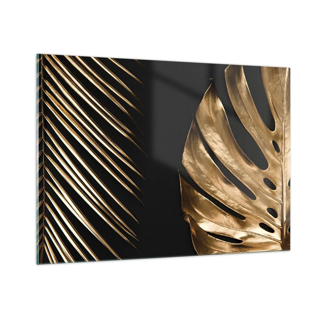 Glasbild - Bild auf glas - Goldene Palmblätter und Monsteras auf schwarzem Hintergrund - 100x70cm - Anders und genauso teuer - Moderne Wanddekoration für Wohnzimmer und Schlafzimmer ARTTOR