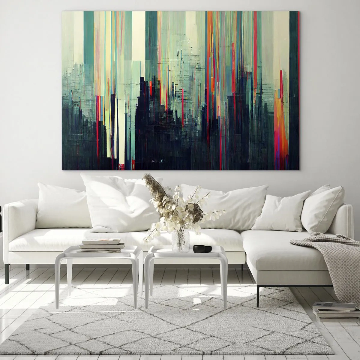 Glasbild - Bild auf glas - Vertikale farbige Linien bilden den Umriss einer futuristischen Metropole. - 100x70cm - Futuristische Stadt - Moderne Wanddekoration für Wohnzimmer und Schlafzimmer ARTTOR