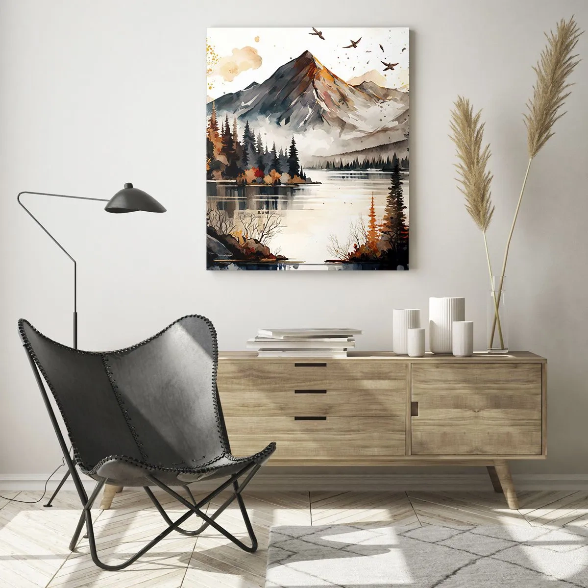 Glasbild - Bild auf glas - Herbstliche Berglandschaft mit See und Wald - 50x70cm - Goldener Herbst in den Bergen - Moderne Wanddekoration für Wohnzimmer und Schlafzimmer ARTTOR