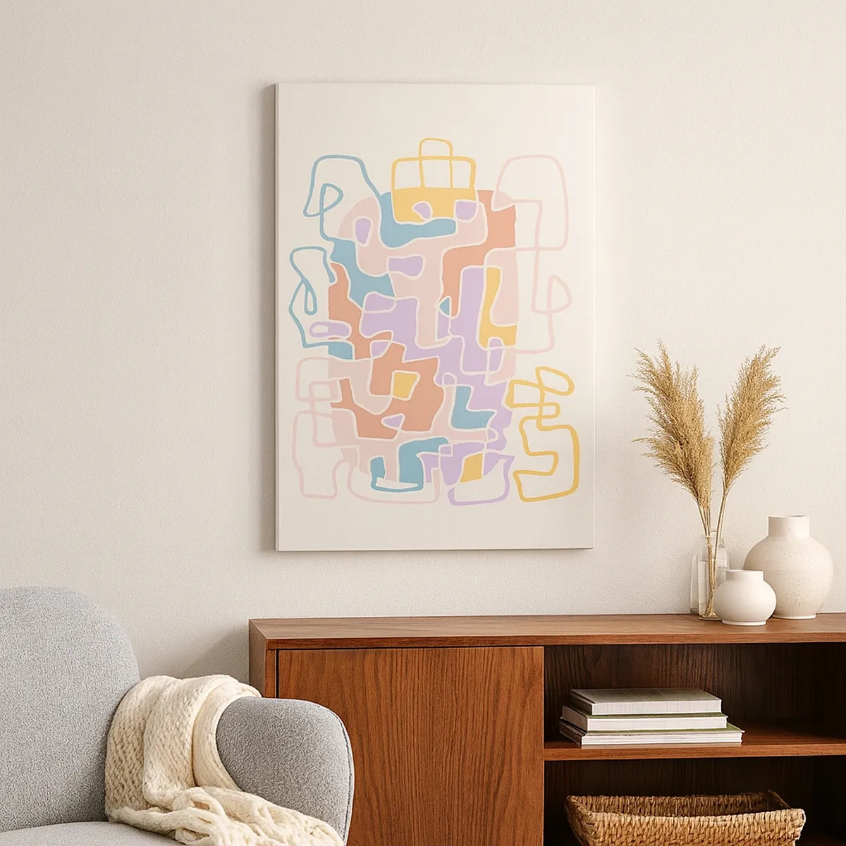 Bild auf Leinwand - Leinwandbild - Pastellfarbene abstrakte Linien erzeugen geometrische Muster - 50x70cm - Labyrinth – ein freudiges Abenteuer - Moderne Wanddekoration für Wohnzimmer und Schlafzimmer ARTTOR