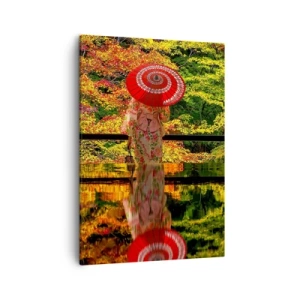 Bild auf Leinwand - Leinwandbild - Eine Frau im Kimono mit Regenschirm vor dem Hintergrund einer Herbstlandschaft. - 50x70cm - Im Tempel der Natur - Moderne Wanddekoration für Wohnzimmer und Schlafzimmer ARTTOR