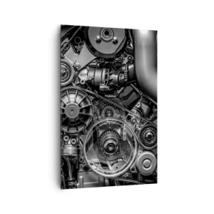 Bild auf Leinwand - Leinwandbild - Schwarz-Weiß-Nahaufnahme der mechanischen Details eines Automotors. - 80x120cm - Die Poesie der Mechanik - Moderne Wanddekoration für Wohnzimmer und Schlafzimmer ARTTOR