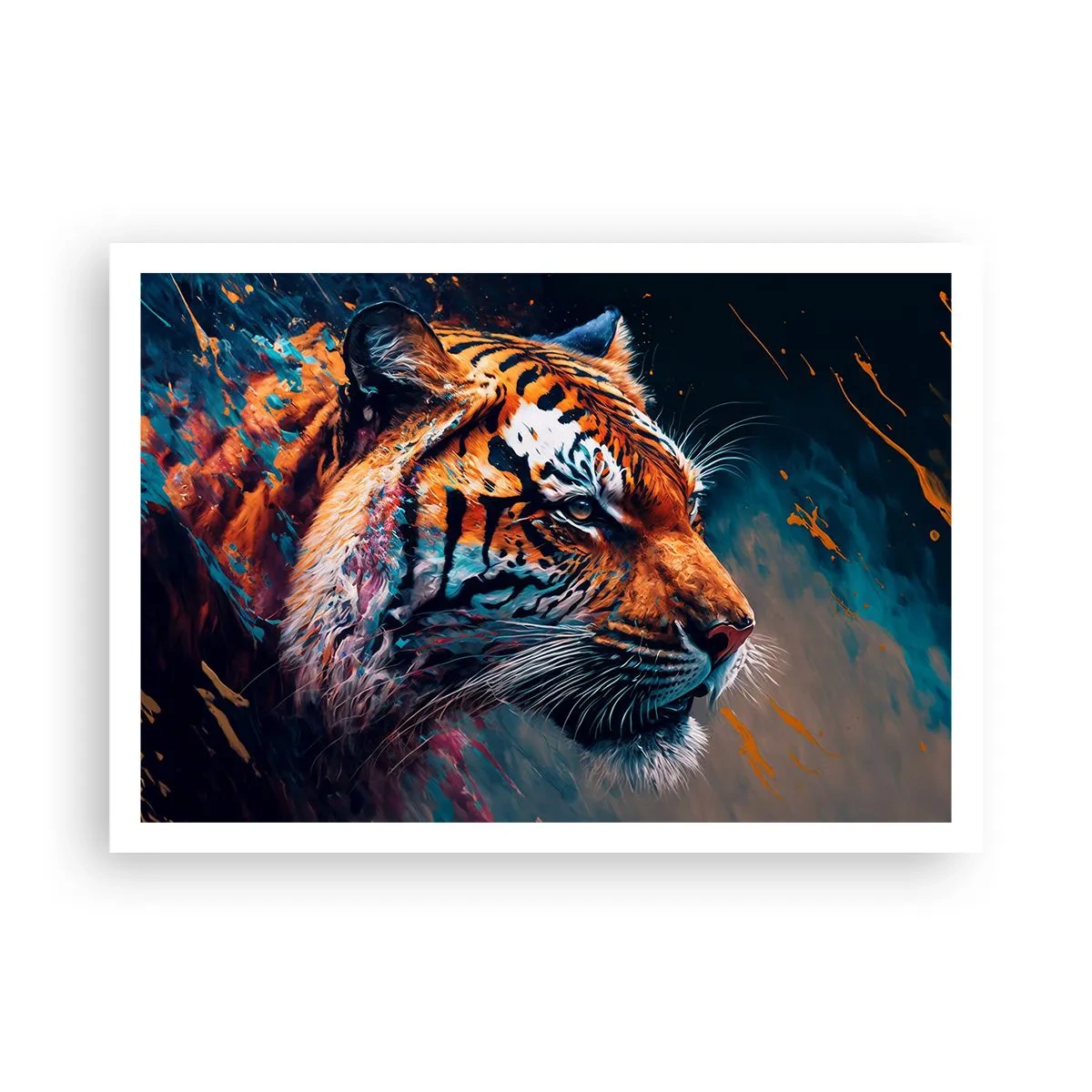 Poster - Portrait eines Tigers in dynamischen, abstrakten Farben - 100x70cm - Wilde Schönheit - Moderne Wanddekoration für Wohnzimmer und Schlafzimmer ARTTOR