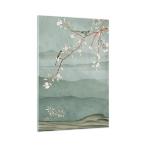 Glasbild - Bild auf glas - Ein malerisches Bild eines blühenden Baumzweigs mit Vögeln vor dem Hintergrund grüner Hügel. - 70x100cm - Frühling, oh, du bist es - Moderne Wanddekoration für Wohnzimmer und Schlafzimmer ARTTOR