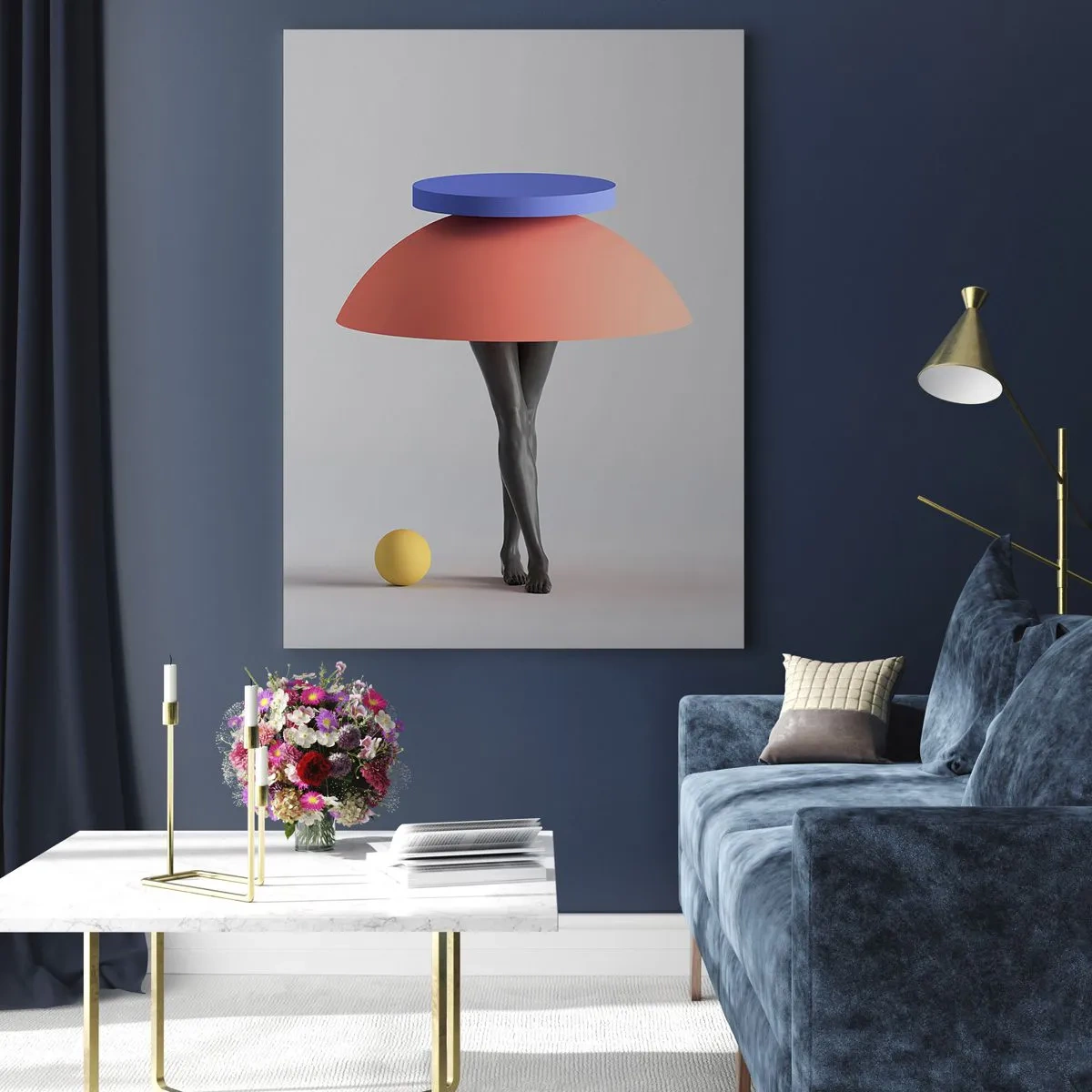 Glasbild - Bild auf glas - Abstrakte geometrische Komposition mit Beinen und einem Ball - 80x120cm - Surrealistische Komposition - Moderne Wanddekoration für Wohnzimmer und Schlafzimmer ARTTOR