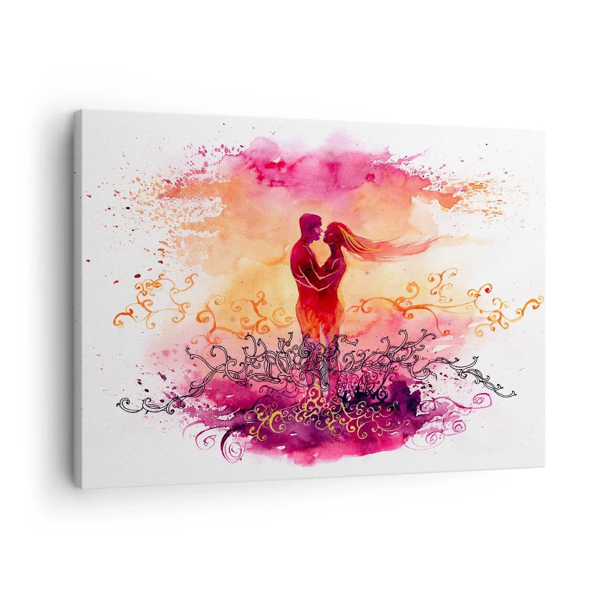 Bild auf Leinwand - Leinwandbild - Ein Paar umarmt sich vor einem abstrakten rosa und orangefarbenen Muster - 70x50cm - Ein Herz! ich brauche so wenig... - Moderne Wanddekoration für Wohnzimmer und Schlafzimmer ARTTOR