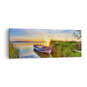 Bild auf Leinwand - Leinwandbild - Ein Boot in einer ruhigen Bucht bei Sonnenuntergang - 140x50cm - Bucht erfüllter Träume - Moderne Wanddekoration für Wohnzimmer und Schlafzimmer ARTTOR