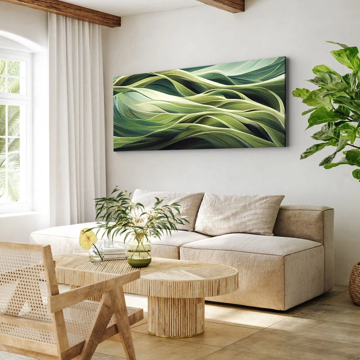 Bild auf Leinwand - Leinwandbild - Dynamische Linien in Grüntönen - 140x50cm - Abstraktes grünes Spiel - Moderne Wanddekoration für Wohnzimmer und Schlafzimmer ARTTOR