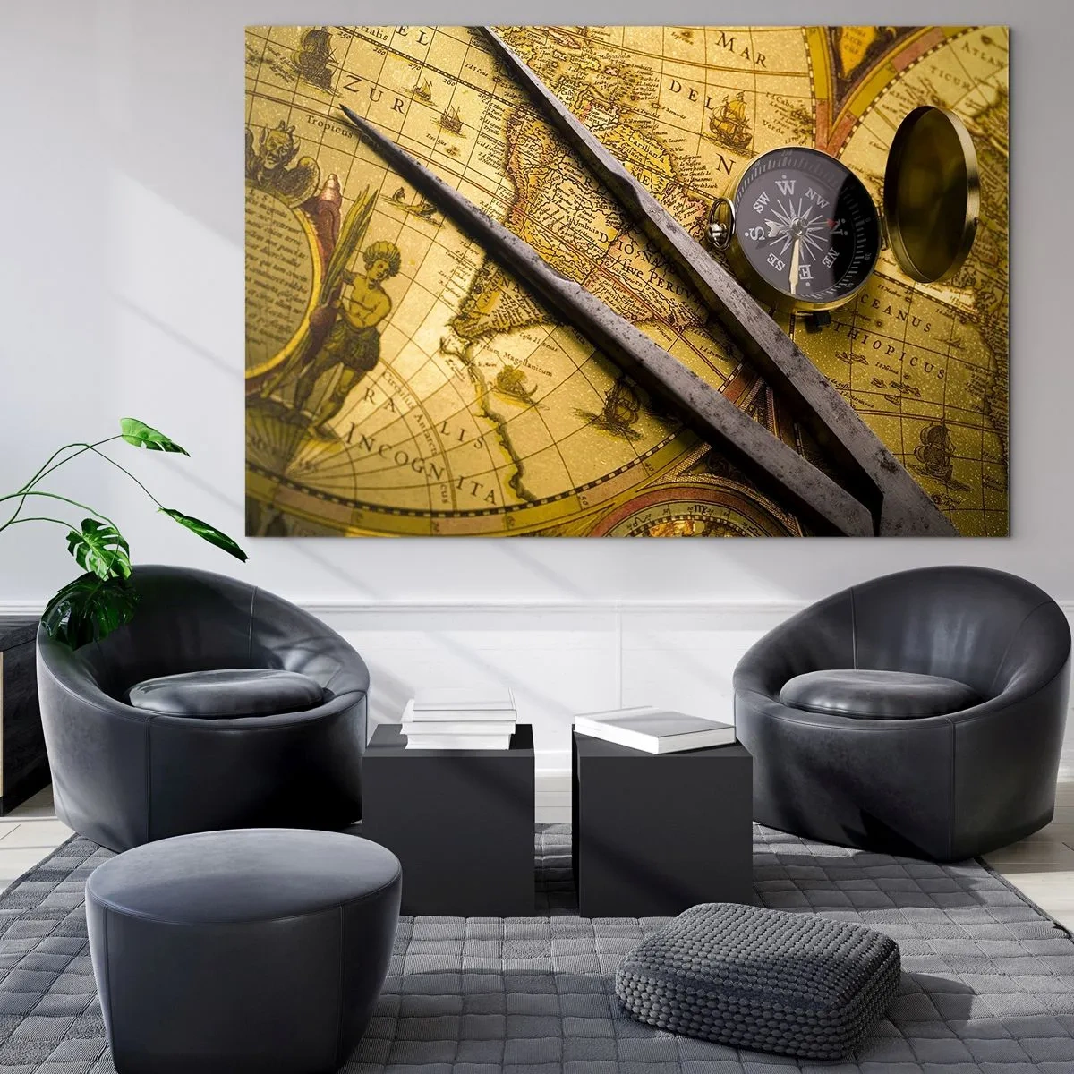 Glasbild - Bild auf glas - Alte Karte mit Kompass und Kompass - 70x50cm - Wo sind diese Schätze? - Moderne Wanddekoration für Wohnzimmer und Schlafzimmer ARTTOR