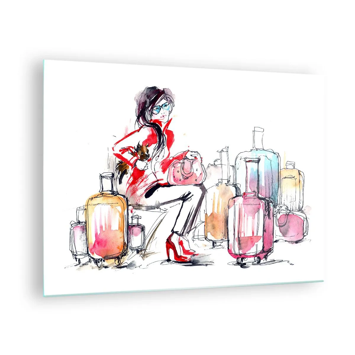 Glasbild - Bild auf glas - Eine Frau in einem roten Mantel, umgeben von Koffern in einem skizzenhaften Stil. - 70x50cm - Setzen wir uns vor der Reise hin - Moderne Wanddekoration für Wohnzimmer und Schlafzimmer ARTTOR
