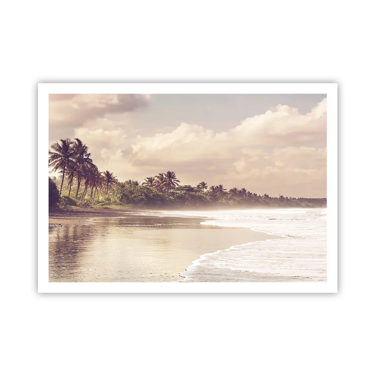 Poster - Ein Strand mit Palmen und sanften Wellen am Morgen - 100x70cm - Die Liebkosung der Wellen - Moderne Wanddekoration für Wohnzimmer und Schlafzimmer ARTTOR