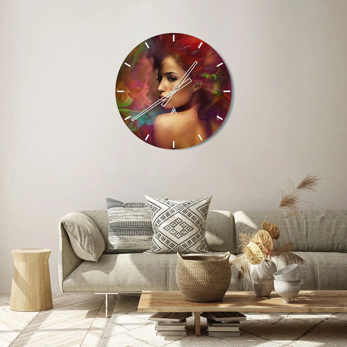 Wanduhr - Glasuhr - Porträt einer Frau mit bunten Dunsteffekten im Hintergrund - 30x30cm - Schöner als ein Regenbogen, so zart wie ein Nebel - Moderne Wanddekoration für Wohnzimmer, Küche und Schlafzimmer ARTTOR