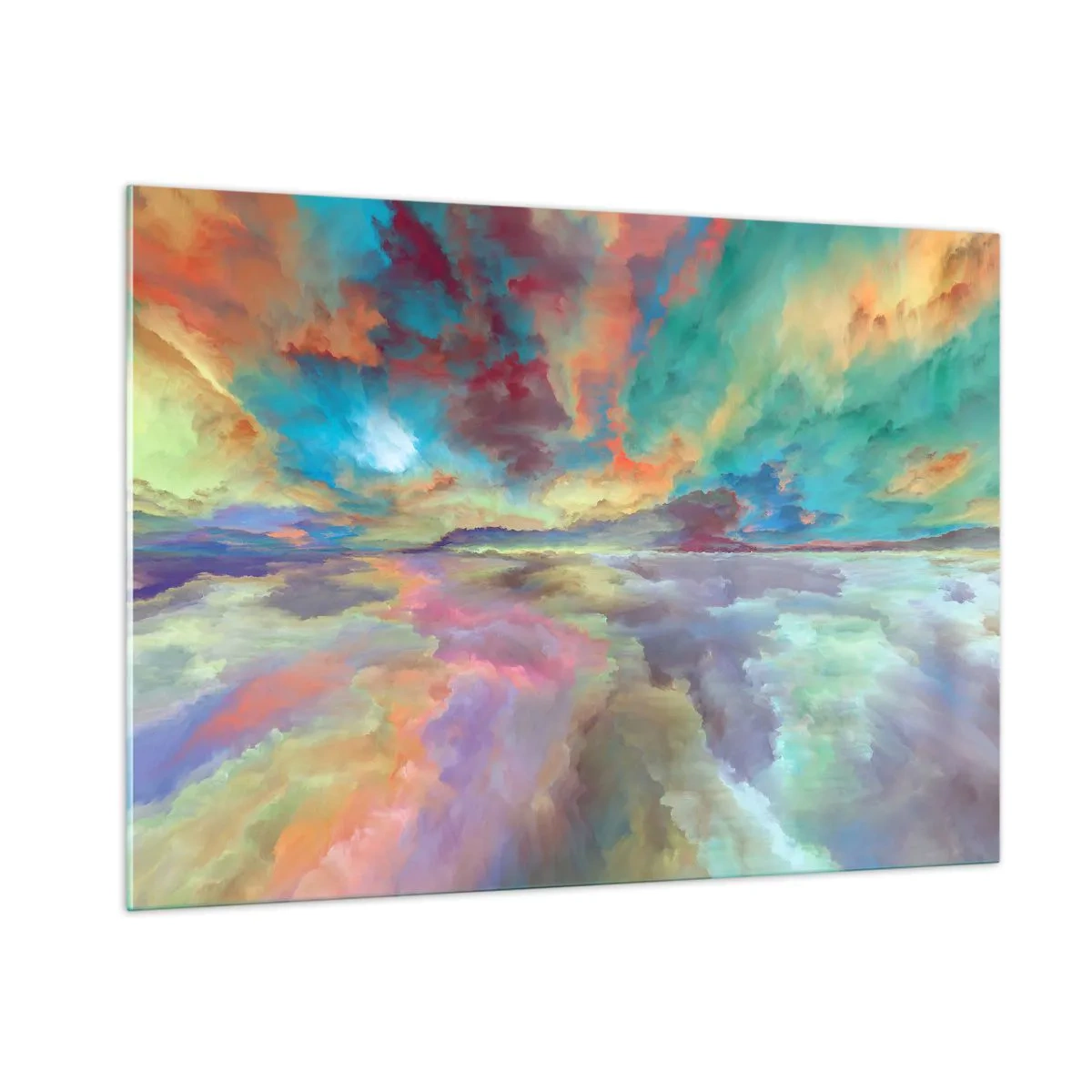 Glasbild - Bild auf glas - Bunte Wolken spiegeln sich im Wasser am Horizont - 100x70cm - Zwei Himmel - Moderne Wanddekoration für Wohnzimmer und Schlafzimmer ARTTOR