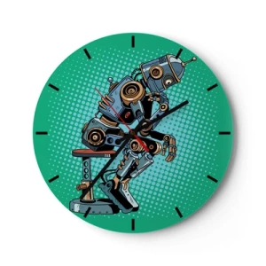 Wanduhr - Glasuhr - Ein Roboter in Denkerpose vor grünem Hintergrund - 30x30cm - Über der Essenz des Seins - Moderne Wanddekoration für Wohnzimmer, Küche und Schlafzimmer ARTTOR