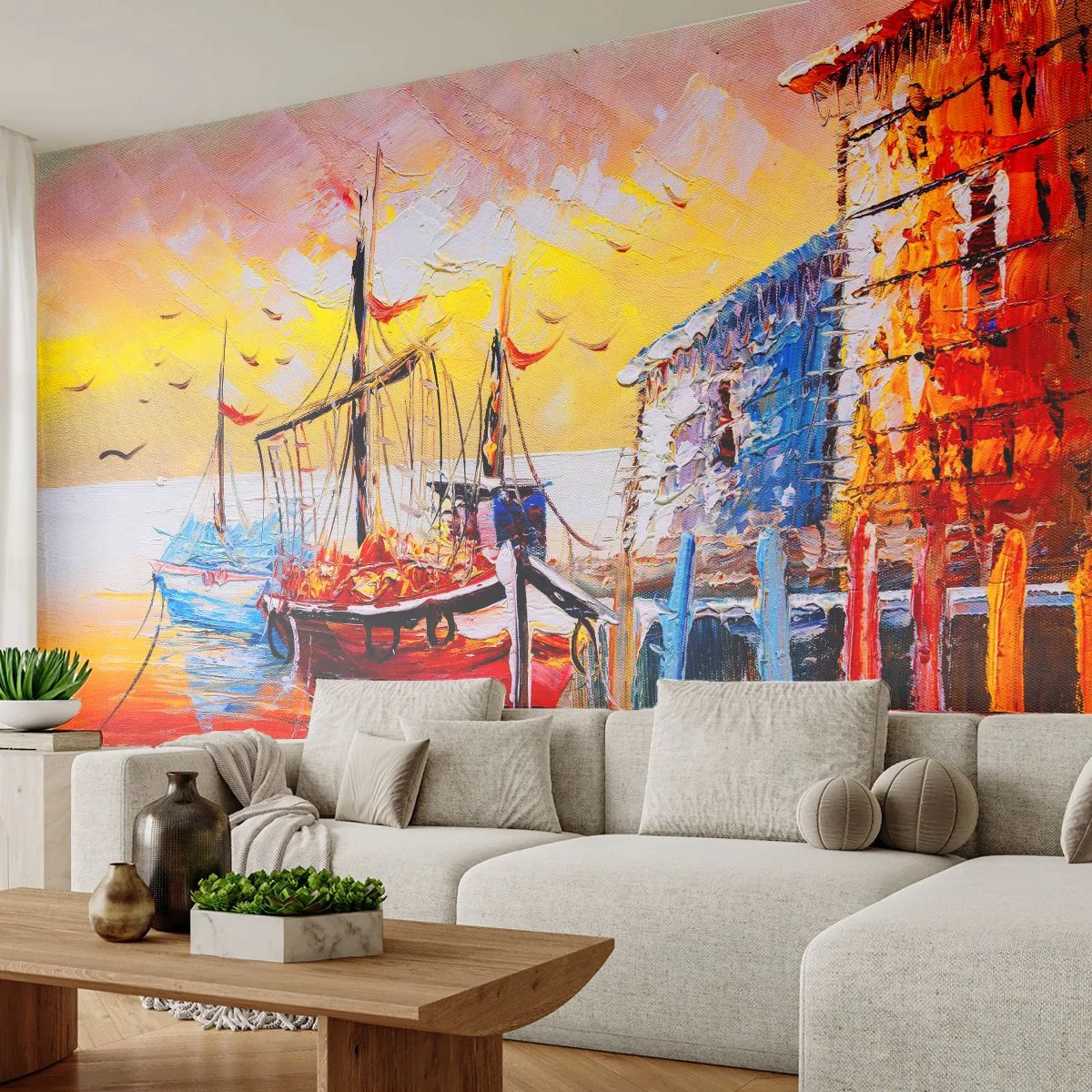 Fototapete Premium Sand - Hafenszene bei Sonnenuntergang - 100x70cm - Glückliche Rückkehr - Moderne Wanddekoration für Wohnzimmer und Schlafzimmer ARTTOR