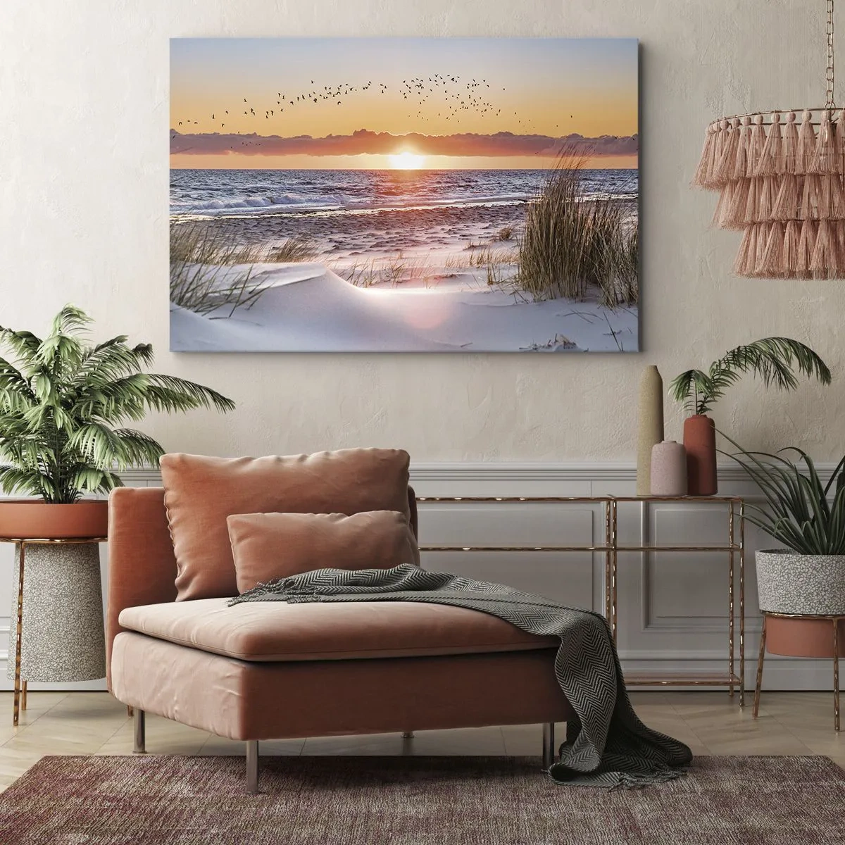 Bild auf Leinwand - Leinwandbild - Sonnenuntergang über dem Meer mit Blick auf die Dünen - 100x70cm - Horizontale Landschaft - Moderne Wanddekoration für Wohnzimmer und Schlafzimmer ARTTOR
