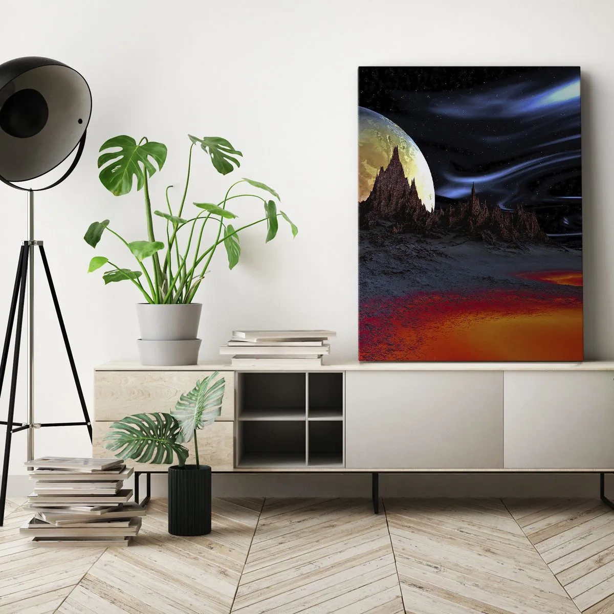 Bild auf Leinwand - Leinwandbild - Eine fantastische Landschaft mit Planeten und Vulkanen - 70x100cm - Unbekannte Welt - Moderne Wanddekoration für Wohnzimmer und Schlafzimmer ARTTOR