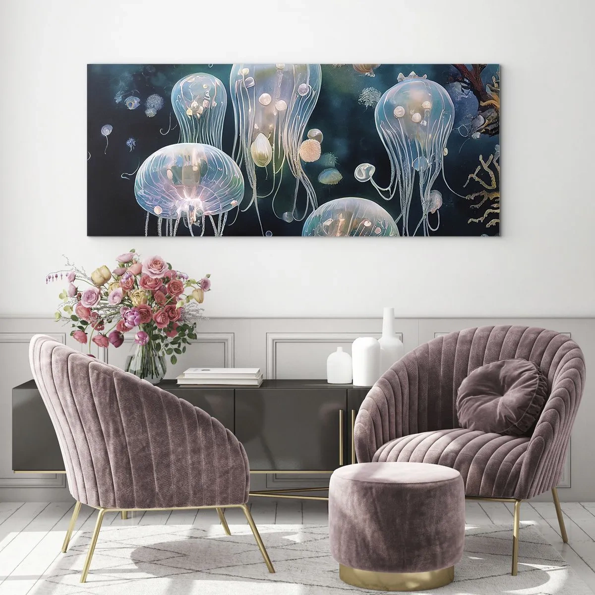 Glasbild - Bild auf glas - Zarte Quallen in der Unterwasserwelt - 140x50cm - Unterwasserball - Moderne Wanddekoration für Wohnzimmer und Schlafzimmer ARTTOR