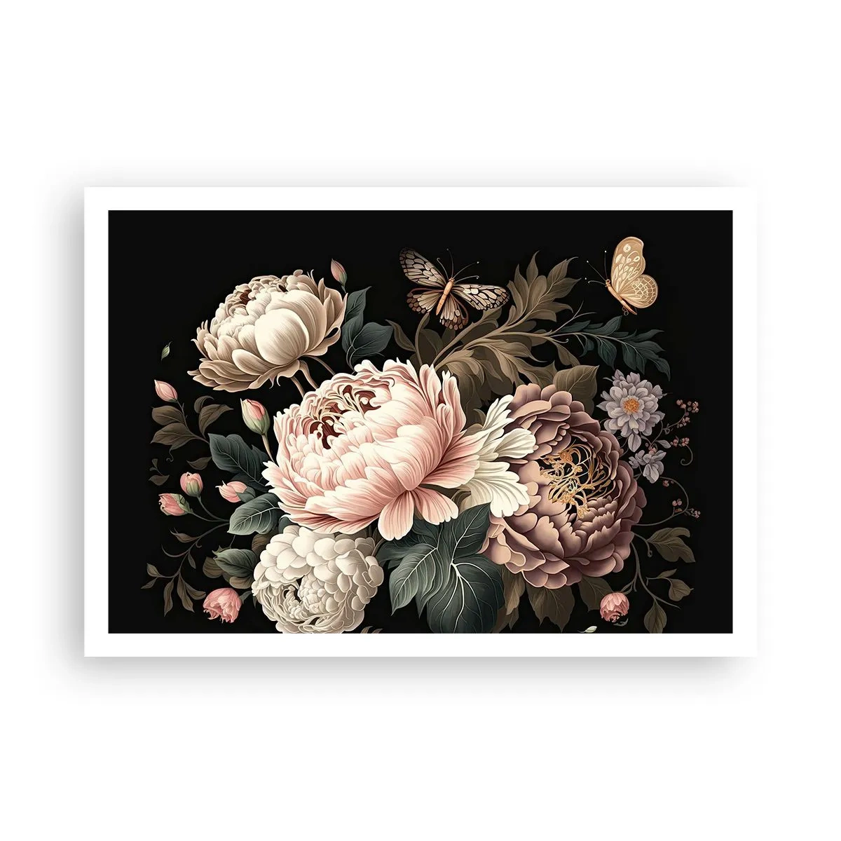 Poster - Ein Strauß rosa Blumen und Schmetterlinge auf schwarzem Hintergrund - 100x70cm - Im Barockstil - Moderne Wanddekoration für Wohnzimmer und Schlafzimmer ARTTOR