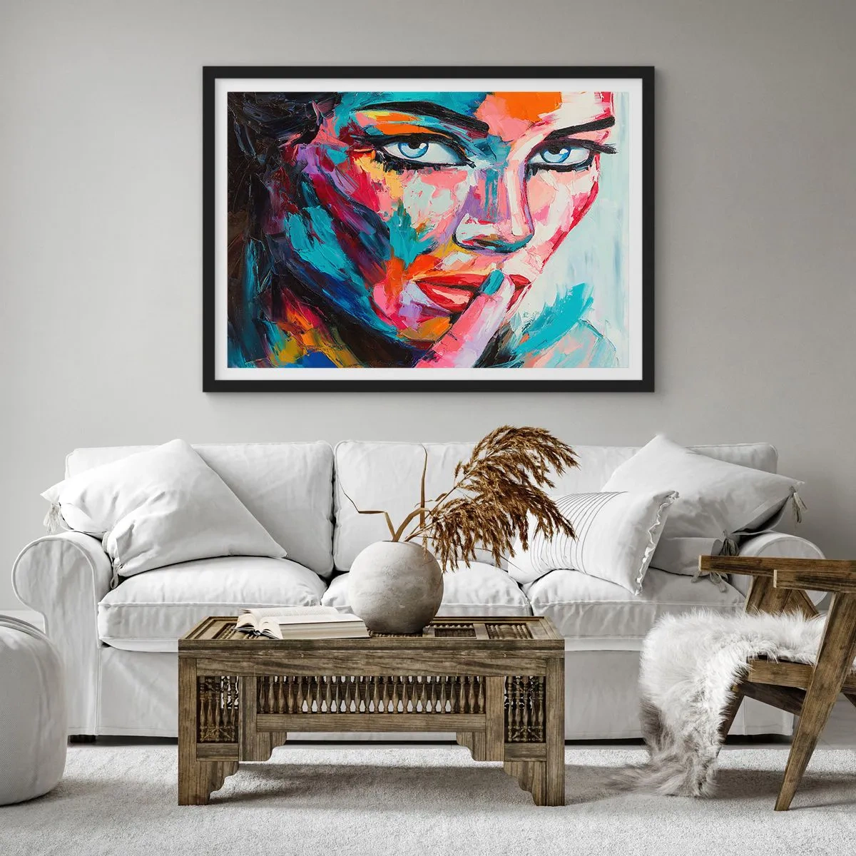 Poster in einem schwarzem Rahmen - Farbenfrohes Porträt einer Frau im abstrakten Stil - 100x70cm - Unser erstes Geheimnis - Moderne Wanddekoration für Wohnzimmer und Schlafzimmer ARTTOR