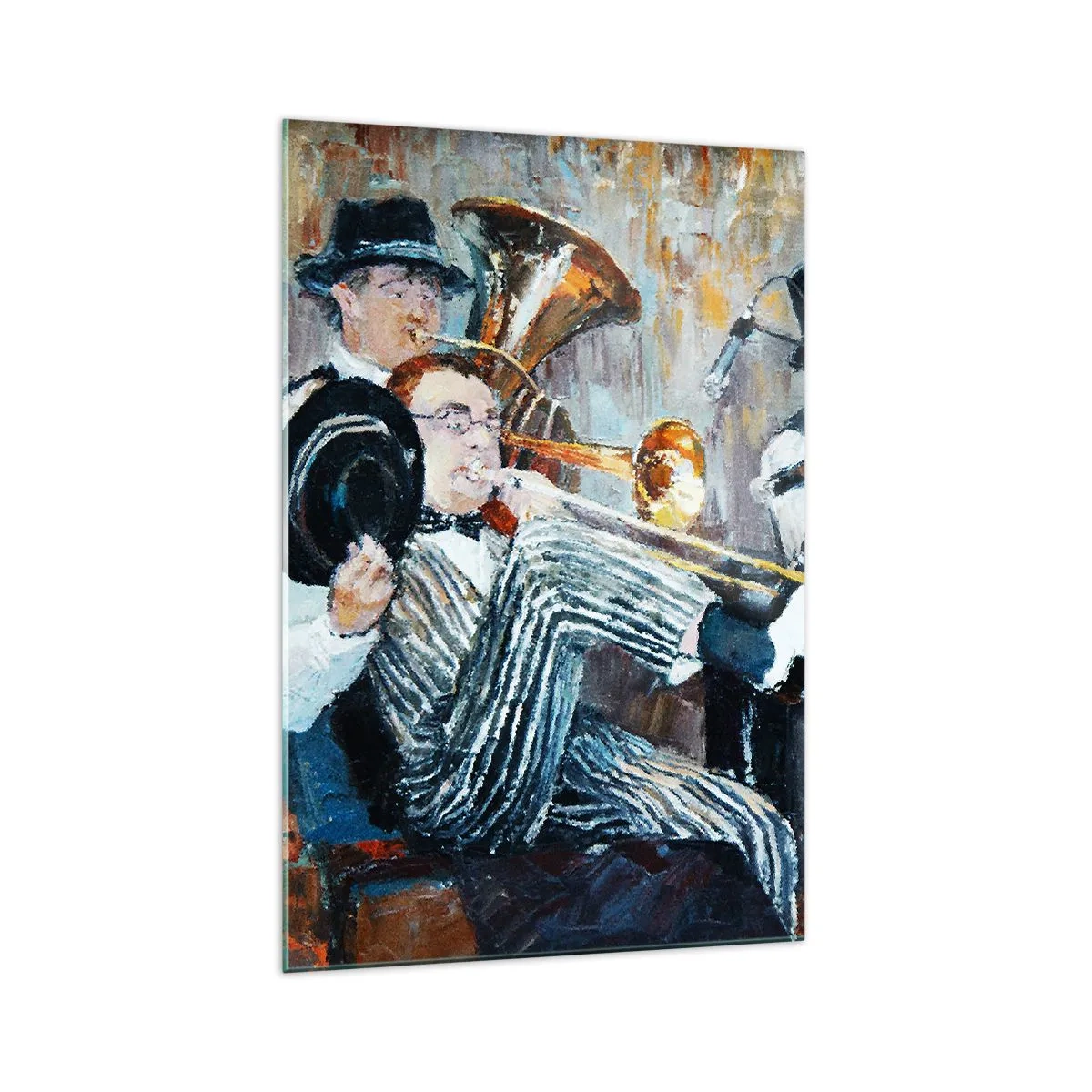 Glasbild - Bild auf glas - Jazzmusiker im malerischen Stil während eines Konzerts - 70x100cm - Der ganze Jazz - Moderne Wanddekoration für Wohnzimmer und Schlafzimmer ARTTOR