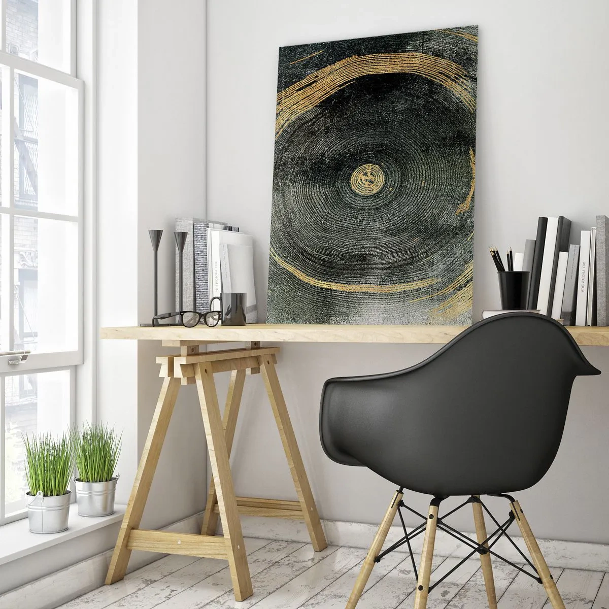Glasbild - Bild auf glas - Konzentrische Kreise mit goldenen Akzenten - 70x100cm - Veränderung und Beständigkeit - Moderne Wanddekoration für Wohnzimmer und Schlafzimmer ARTTOR