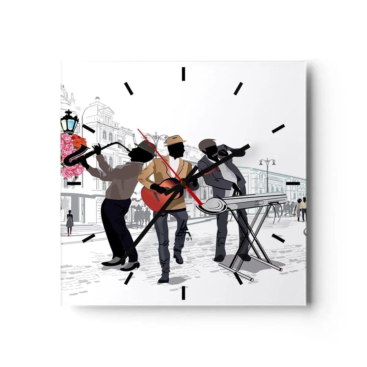 Wanduhr - Glasuhr - Straßenmusiker spielen vor dem Hintergrund einer urbanen Landschaft - 30x30cm - Straßenmusik - Moderne Wanddekoration für Wohnzimmer und Schlafzimmer ARTTOR