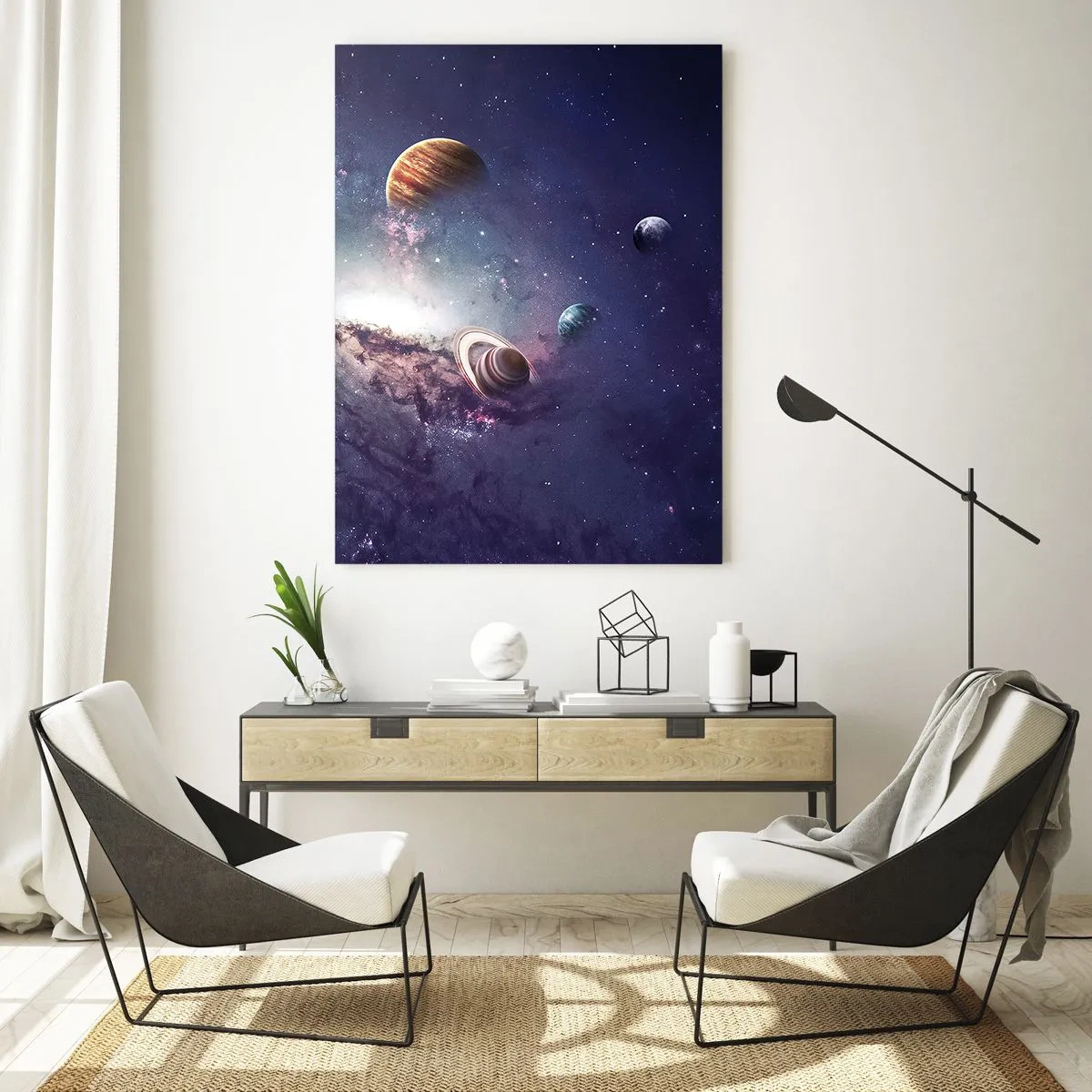 Glasbild - Bild auf glas - Planeten in einer Galaxie mit einem Nebel im Hintergrund - 70x100cm - Solar-Tanz-System - Moderne Wanddekoration für Wohnzimmer und Schlafzimmer ARTTOR