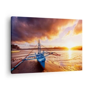 Bild auf Leinwand - Leinwandbild - Blaues Boot am Strand bei Sonnenuntergang - 70x50cm - Nach einem Tag sich im Sand ausstrecken - Moderne Wanddekoration für Wohnzimmer und Schlafzimmer ARTTOR