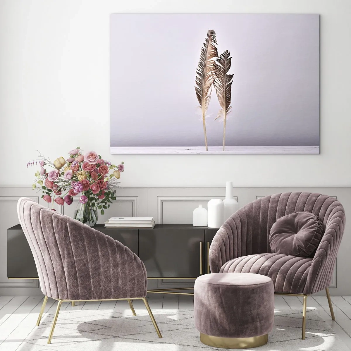 Glasbild - Bild auf glas - Zwei zarte Federn auf hellem Hintergrund - 70x50cm - Gegen das Nichts - Moderne Wanddekoration für Wohnzimmer und Schlafzimmer ARTTOR