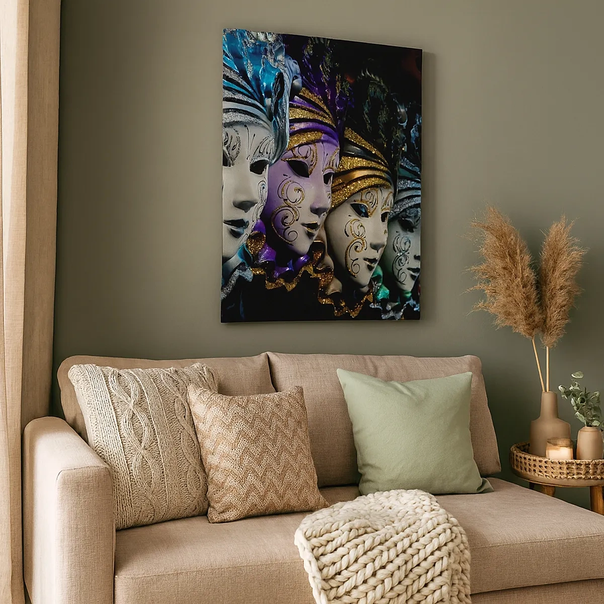 Bild auf Leinwand - Leinwandbild - Venezianische Masken in verschiedenen Farben mit dekorativen Mustern - 50x70cm - Geheimnis in Gold und Silber - Moderne Wanddekoration für Wohnzimmer und Schlafzimmer ARTTOR