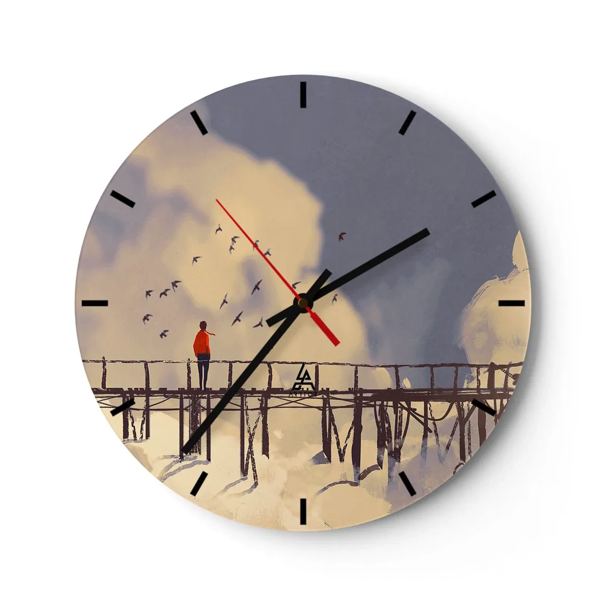 Wanduhr - Glasuhr - Eine Figur auf einer Brücke mit Vögeln vor dem Hintergrund von Himmel und Wolken - 30x30cm - Blaue Sehnsucht - Moderne Wanddekoration für Wohnzimmer, Küche und Schlafzimmer ARTTOR