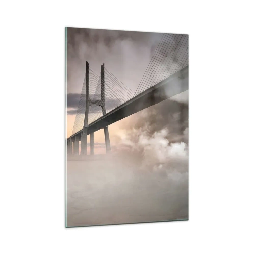 Glasbild - Bild auf glas - Eine Brücke über einen Fluss, umgeben von Nebel am Morgen - 80x120cm - Auf dem Fluss, den es nicht gibt - Moderne Wanddekoration für Wohnzimmer und Schlafzimmer ARTTOR