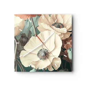 Wanduhr - Glasuhr - Elegante Blumen in Pastelltönen auf grünem Hintergrund - 30x30cm - Flüstern von Mohnblumen - Moderne Wanddekoration für Wohnzimmer und Schlafzimmer ARTTOR