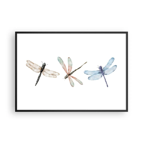 Poster in einem schwarzem Rahmen - Drei Libellen in zarten Pastellfarben - 100x70cm - Schwerelose Libellen - Moderne Wanddekoration für Wohnzimmer und Schlafzimmer ARTTOR