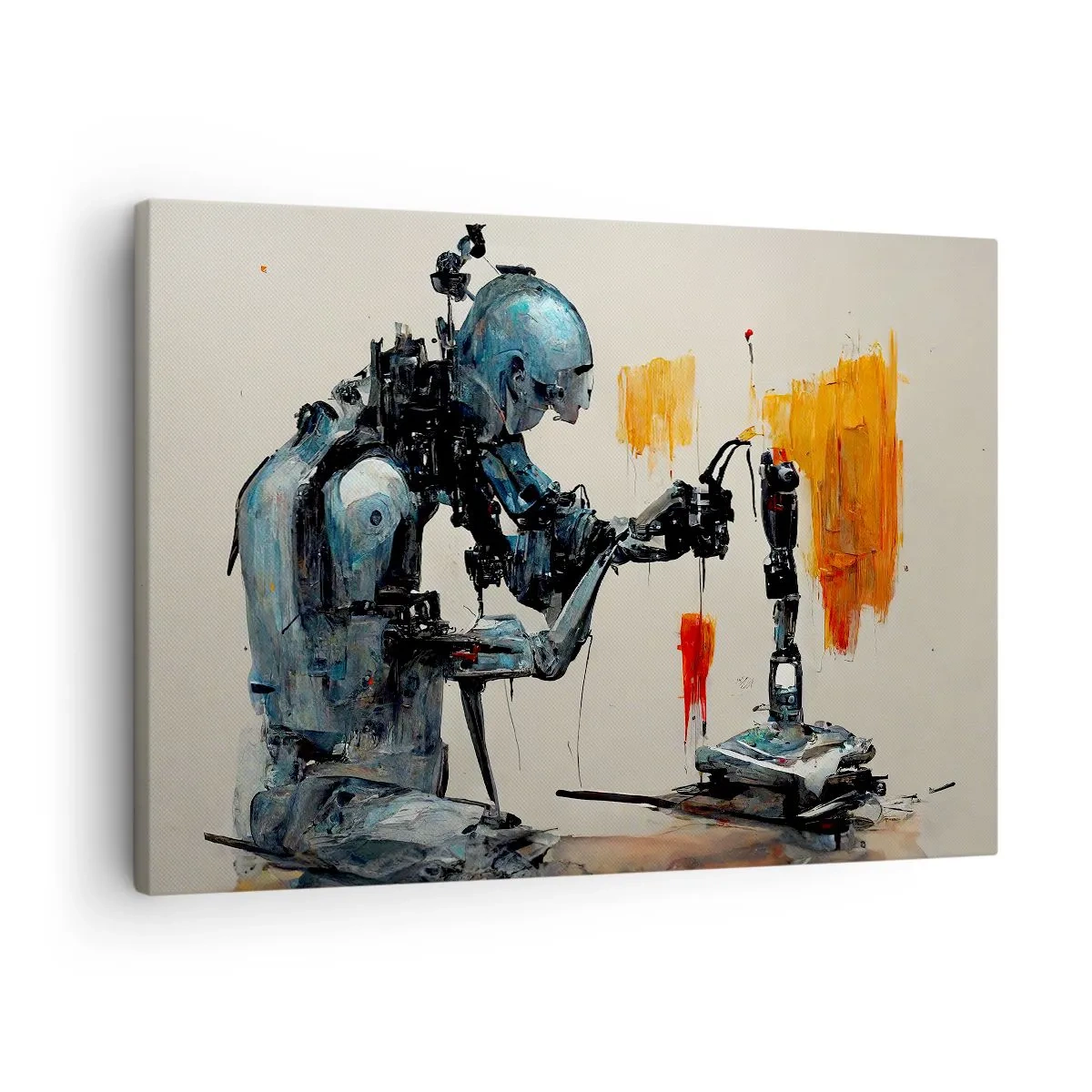 Bild auf Leinwand - Leinwandbild - Roboter bei der Arbeit mit abstraktem Hintergrund - 70x50cm - Schon morgen… - Moderne Wanddekoration für Wohnzimmer und Schlafzimmer ARTTOR